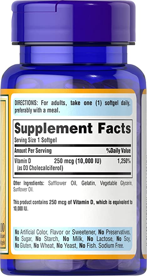 Puritan's Pride Vitamin D3 10000 IU Softgels, Yellow, 100 Count