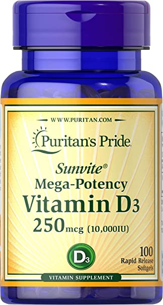 Puritan's Pride Vitamin D3 10000 IU Softgels, Yellow, 100 Count