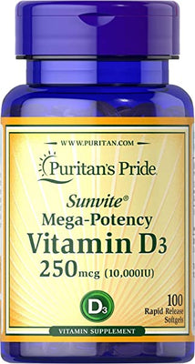 Puritan's Pride Vitamin D3 10000 IU Softgels, Yellow, 100 Count